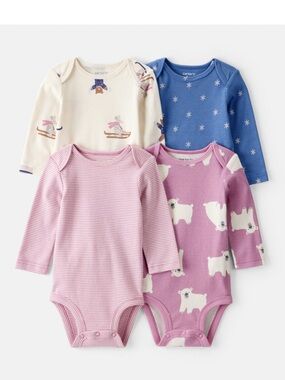 Polar Bear Print Cotton Long-Sleeve Multipack Bodysuits